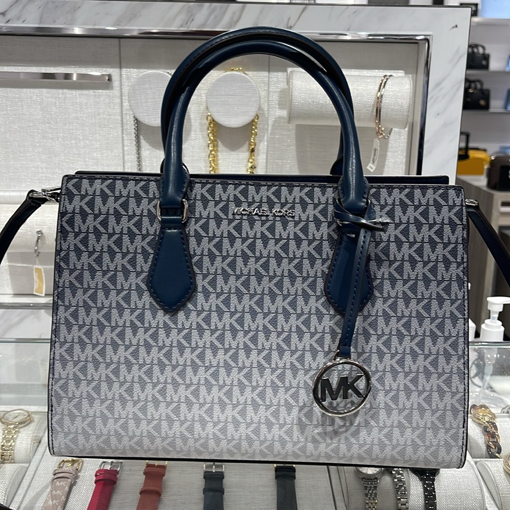 MICHAEL KORS Sheila Medium Ombré Signature Logo CZ Satchel Crossbody 
Navy 
NWT - Picture 3 of 16